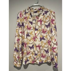Womens Butterfly Blouse Size Medium Dressy Bottom Down Long Sleeve Shirt Flowy